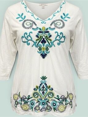JM Collection White Tunic Top with Teal, Navy & Lime Embroidery Women’s large